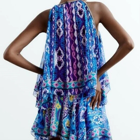 ZARA Multi colored Aztec print Asymetrical swing halter beaded top. Size L NWT - Picture 3 of 16